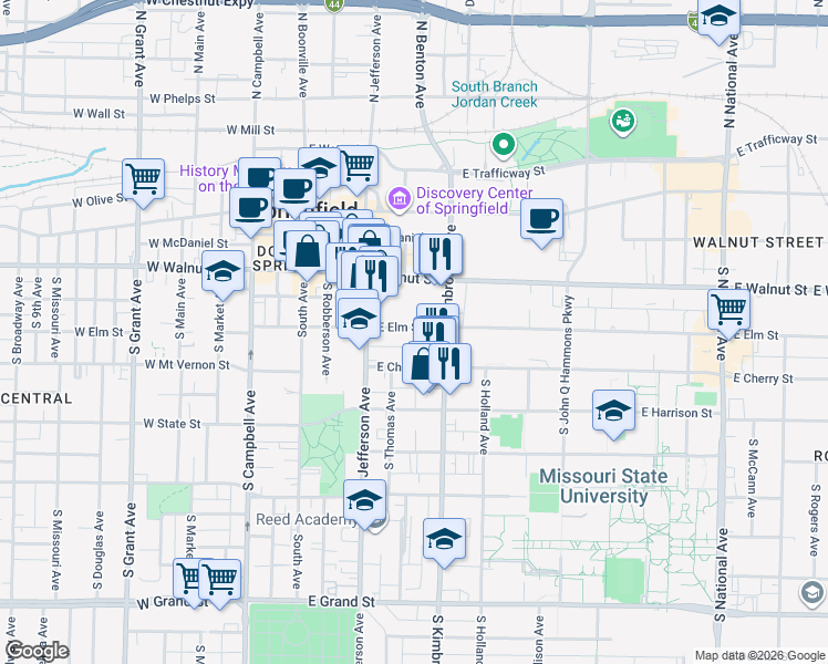 map of restaurants, bars, coffee shops, grocery stores, and more near 507 East Cherry Street in Springfield