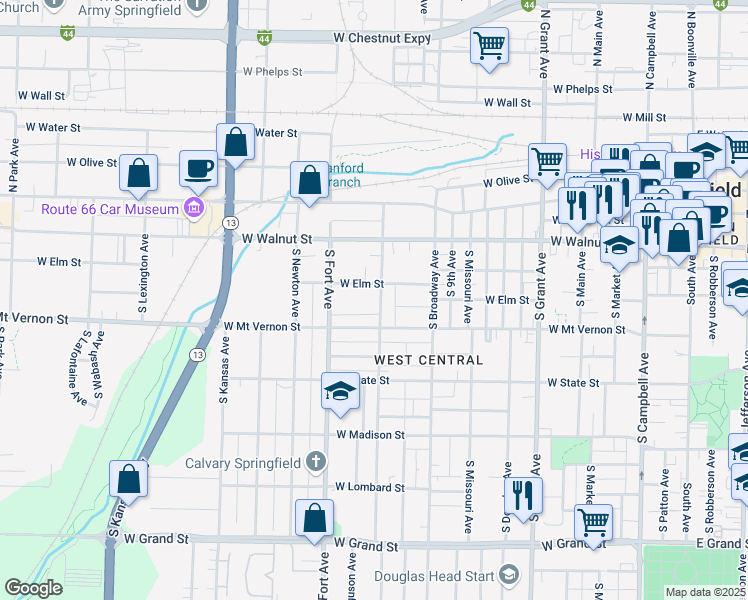 map of restaurants, bars, coffee shops, grocery stores, and more near 1105 West Mount Vernon Street in Springfield