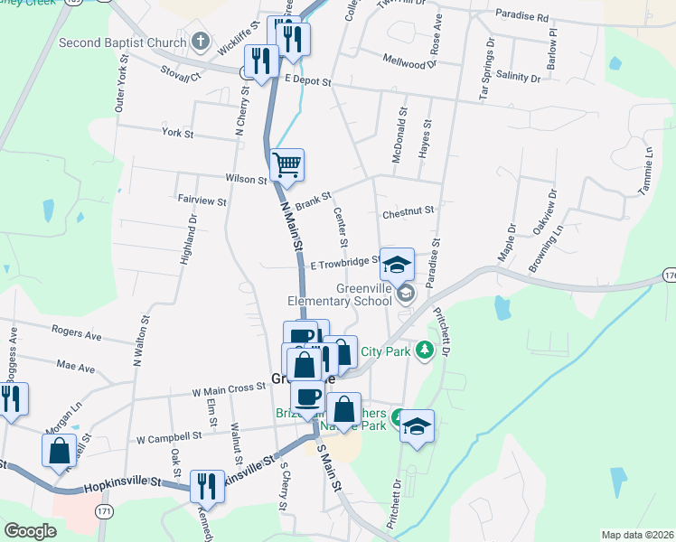 map of restaurants, bars, coffee shops, grocery stores, and more near 121-199 Mill Street in Greenville