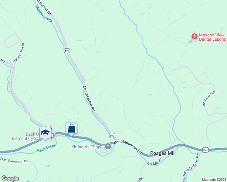 map of restaurants, bars, coffee shops, grocery stores, and more near 7570 Mount Chestnut Road in Roanoke