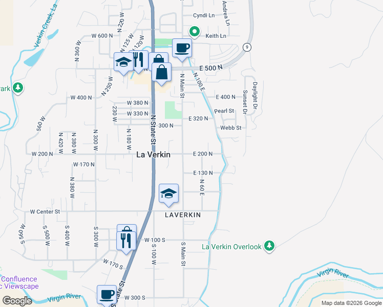 map of restaurants, bars, coffee shops, grocery stores, and more near 25 East 200 North in La Verkin
