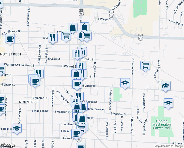 map of restaurants, bars, coffee shops, grocery stores, and more near 1864 East Elm Street in Springfield