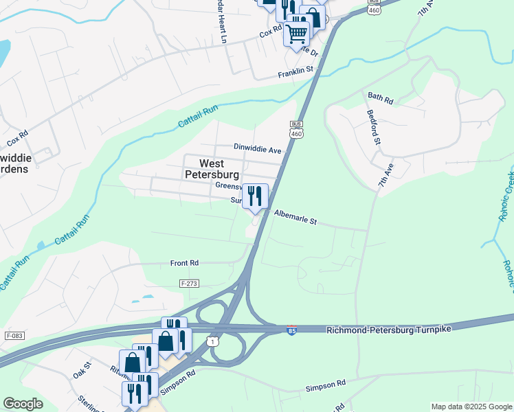 map of restaurants, bars, coffee shops, grocery stores, and more near 25813 Surry Avenue in Petersburg