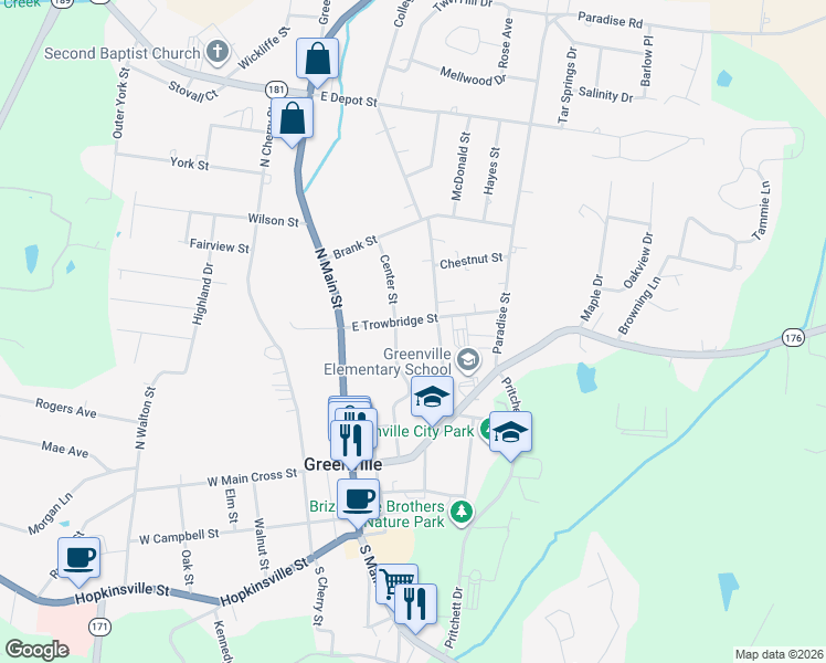 map of restaurants, bars, coffee shops, grocery stores, and more near 131 College Street in Greenville