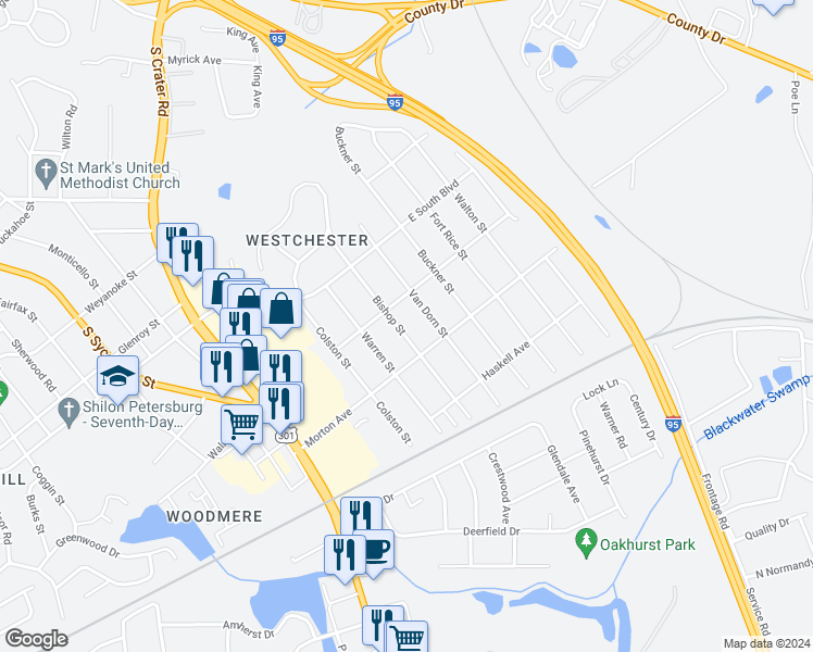 map of restaurants, bars, coffee shops, grocery stores, and more near 2123 Bishop Street in Petersburg