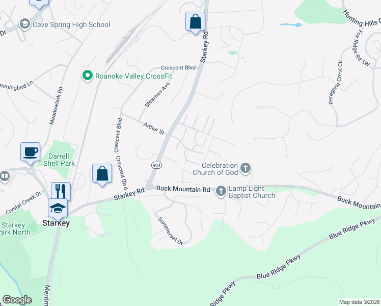 map of restaurants, bars, coffee shops, grocery stores, and more near 7208 Birch Court in Cave Spring