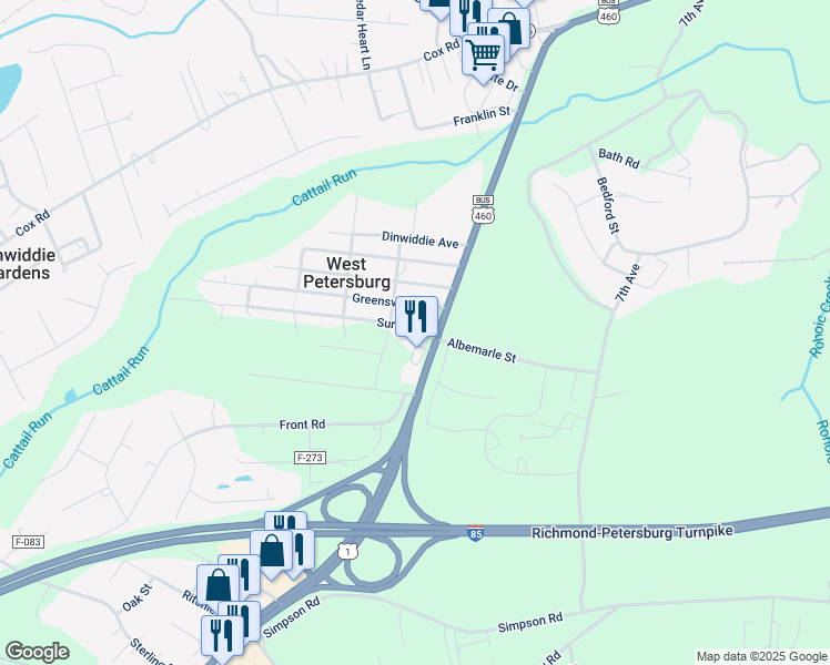 map of restaurants, bars, coffee shops, grocery stores, and more near 25813 Surry Avenue in Petersburg