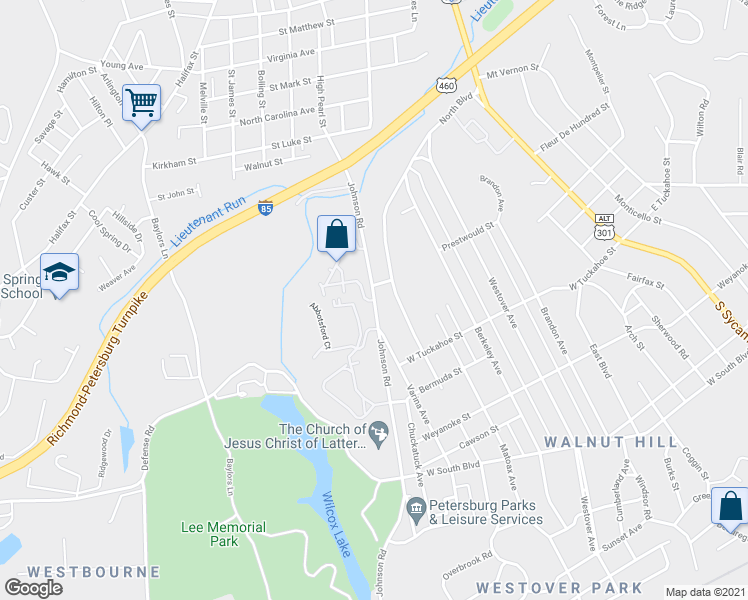 map of restaurants, bars, coffee shops, grocery stores, and more near Johnson Road in Petersburg