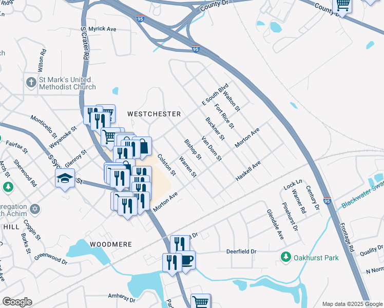 map of restaurants, bars, coffee shops, grocery stores, and more near 2040 Bishop Street in Petersburg