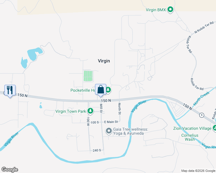 map of restaurants, bars, coffee shops, grocery stores, and more near Sierra Bella Drive in Virgin