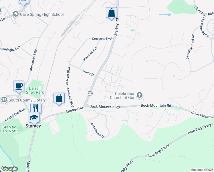map of restaurants, bars, coffee shops, grocery stores, and more near 7208 Birch Court in Cave Spring