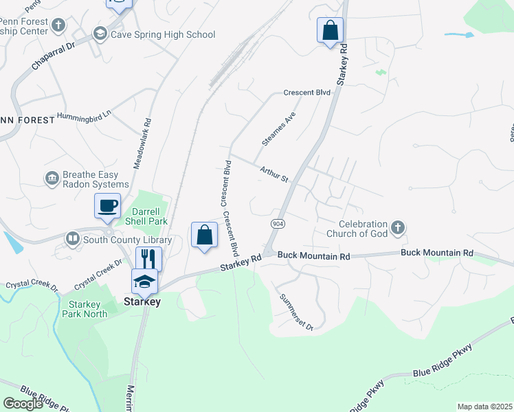 map of restaurants, bars, coffee shops, grocery stores, and more near 5540 Arthur Street in Roanoke