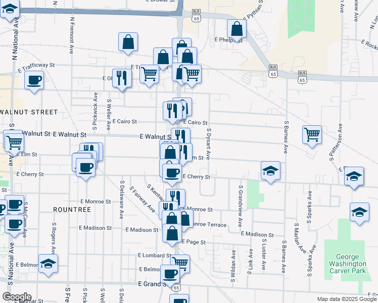map of restaurants, bars, coffee shops, grocery stores, and more near 1826 East Walnut Street in Springfield