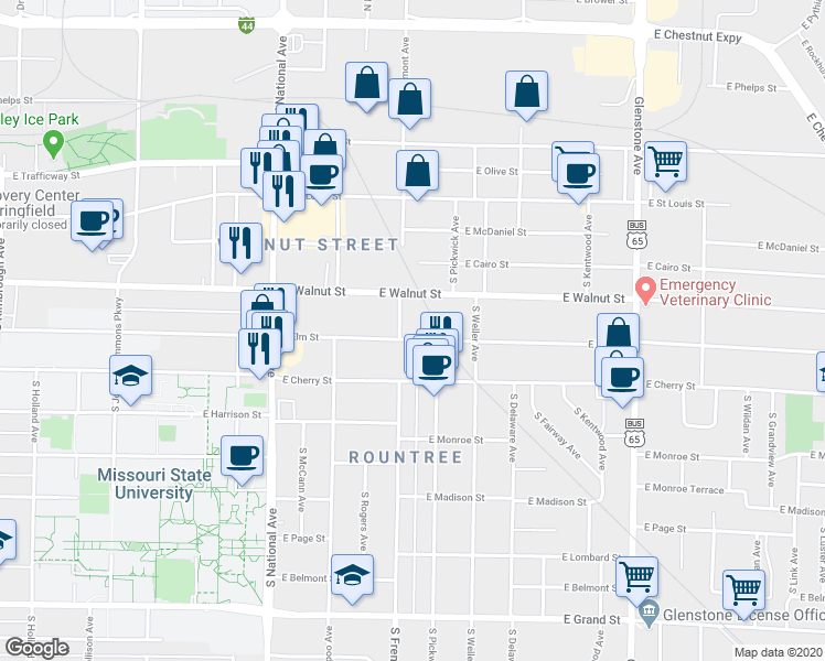 map of restaurants, bars, coffee shops, grocery stores, and more near 1430 East Walnut Street in Springfield