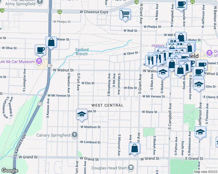 map of restaurants, bars, coffee shops, grocery stores, and more near 928 West Pershing Street in Springfield