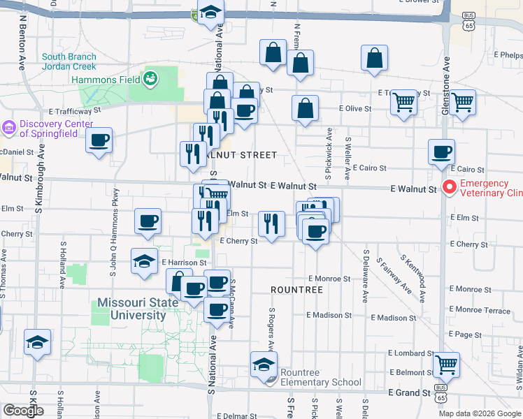 map of restaurants, bars, coffee shops, grocery stores, and more near 1314 East Walnut Street in Springfield