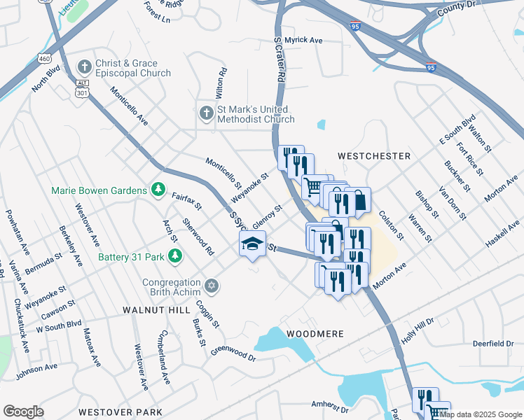 map of restaurants, bars, coffee shops, grocery stores, and more near 1859 Monticello Street in Petersburg
