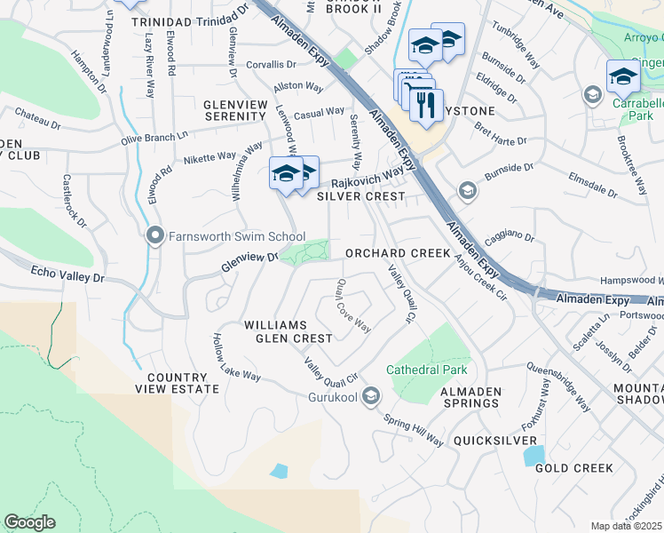 map of restaurants, bars, coffee shops, grocery stores, and more near 1181 Valley Quail Circle in San Jose