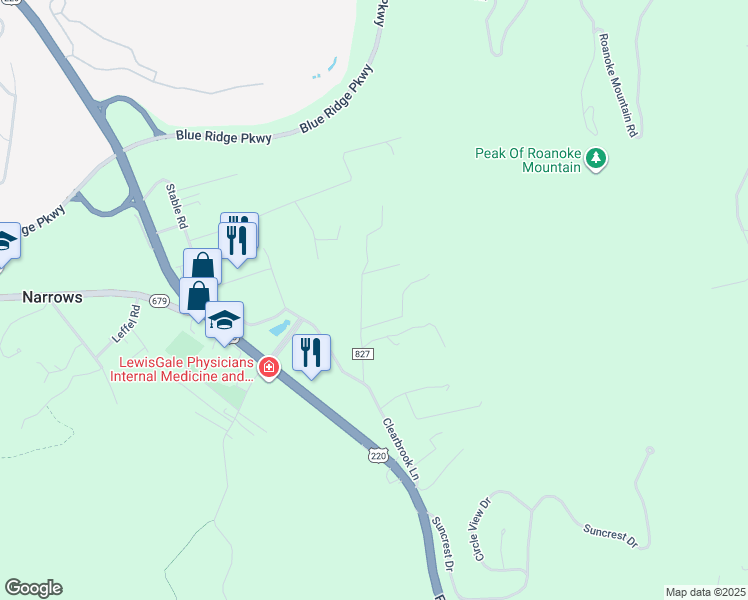map of restaurants, bars, coffee shops, grocery stores, and more near 5314 Amanda Lane in Roanoke