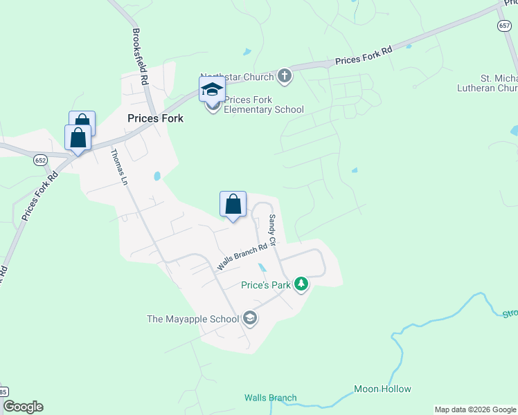 map of restaurants, bars, coffee shops, grocery stores, and more near 1480 Sandy Circle in Blacksburg