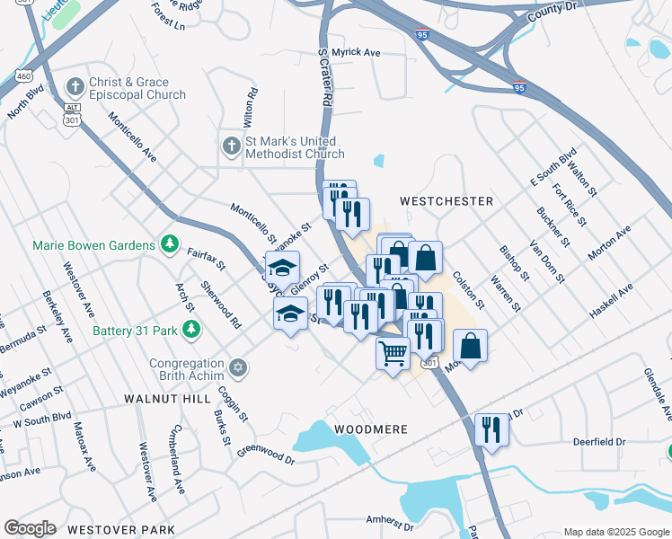 map of restaurants, bars, coffee shops, grocery stores, and more near 1881 Oakland Street in Petersburg