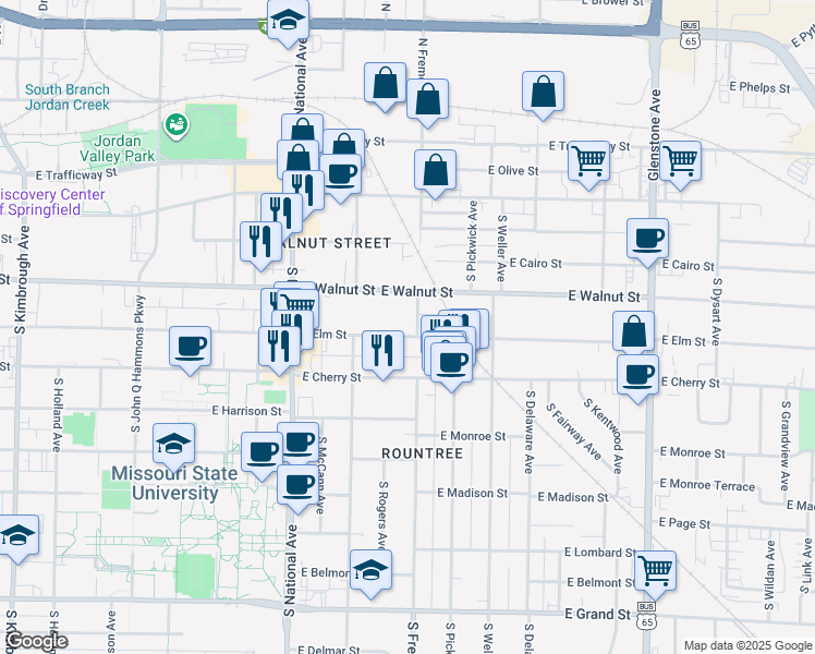 map of restaurants, bars, coffee shops, grocery stores, and more near 413 South Fremont Avenue in Springfield
