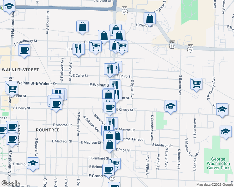 map of restaurants, bars, coffee shops, grocery stores, and more near 1826 East Walnut Street in Springfield