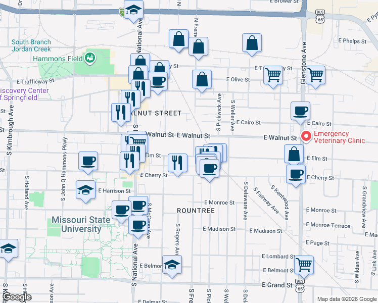 map of restaurants, bars, coffee shops, grocery stores, and more near 413 South Fremont Avenue in Springfield