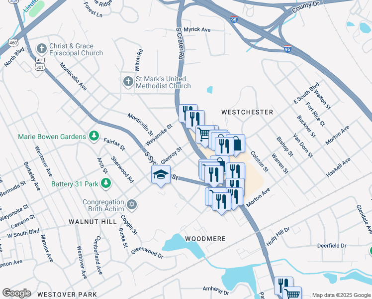 map of restaurants, bars, coffee shops, grocery stores, and more near 1881 Oakland Street in Petersburg