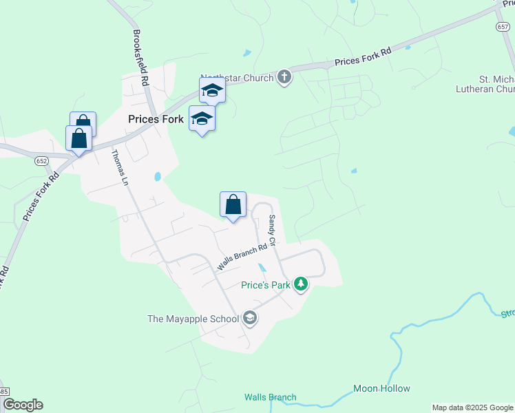 map of restaurants, bars, coffee shops, grocery stores, and more near 1475 Sandy Circle in Blacksburg