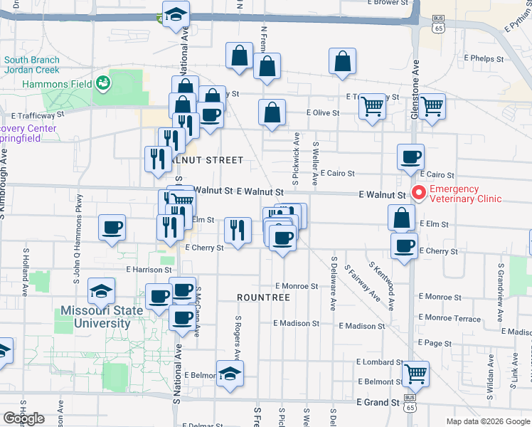 map of restaurants, bars, coffee shops, grocery stores, and more near 413 South Fremont Avenue in Springfield