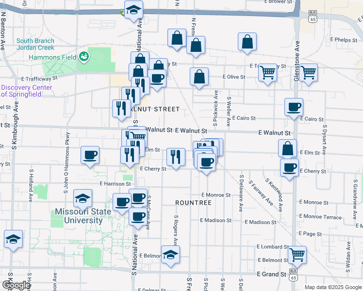 map of restaurants, bars, coffee shops, grocery stores, and more near 413 South Fremont Avenue in Springfield