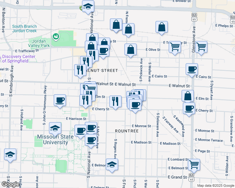 map of restaurants, bars, coffee shops, grocery stores, and more near 413 South Fremont Avenue in Springfield