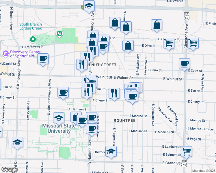map of restaurants, bars, coffee shops, grocery stores, and more near 1314 East Walnut Street in Springfield