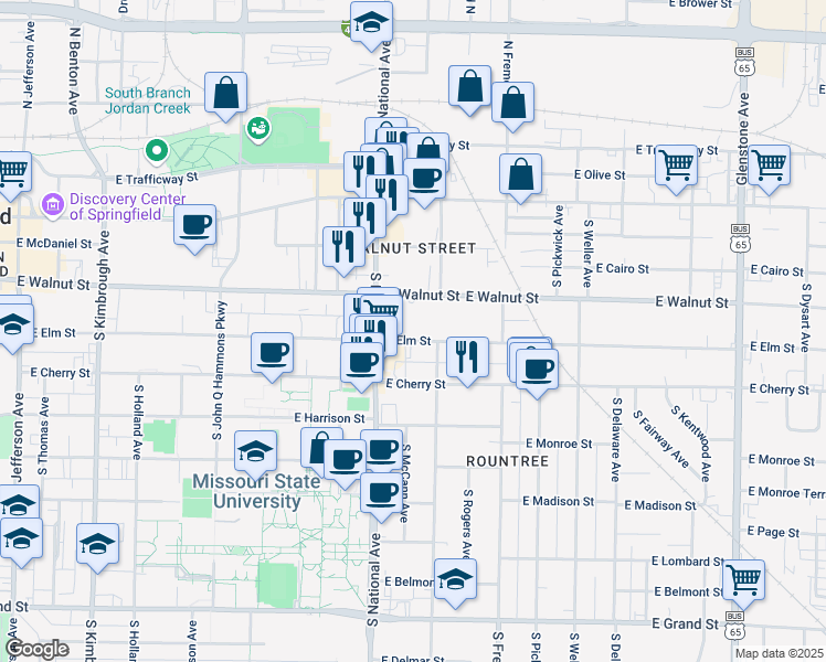 map of restaurants, bars, coffee shops, grocery stores, and more near 1234 East Walnut Street in Springfield