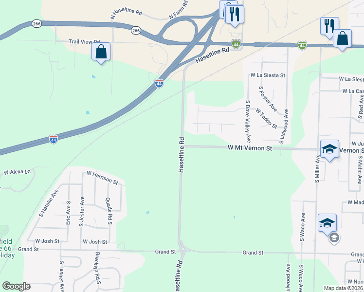 map of restaurants, bars, coffee shops, grocery stores, and more near 501 South Farm Road 115 in Springfield