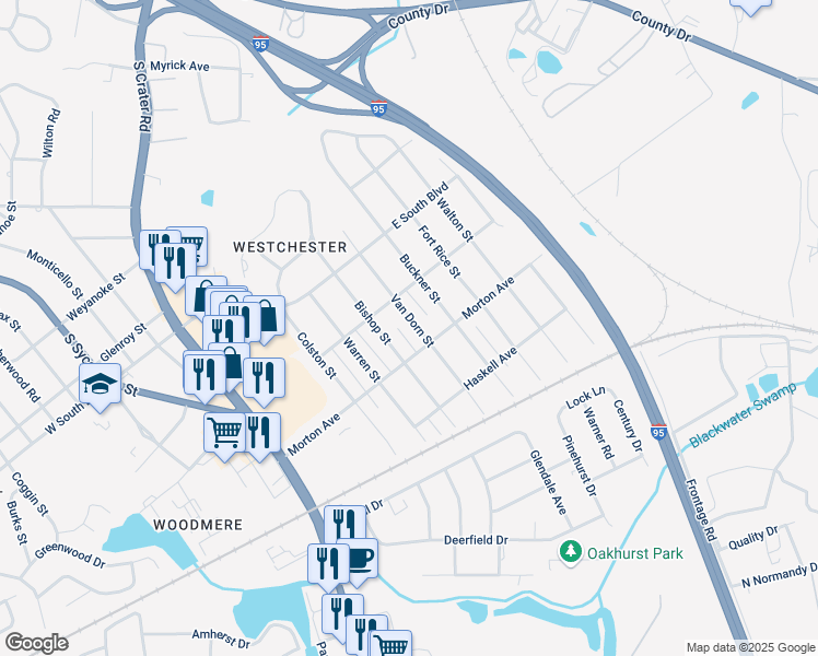 map of restaurants, bars, coffee shops, grocery stores, and more near 2128 Van Dorn Street in Petersburg