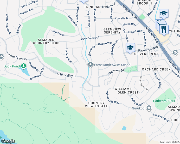 map of restaurants, bars, coffee shops, grocery stores, and more near 6997 Elwood Road in San Jose
