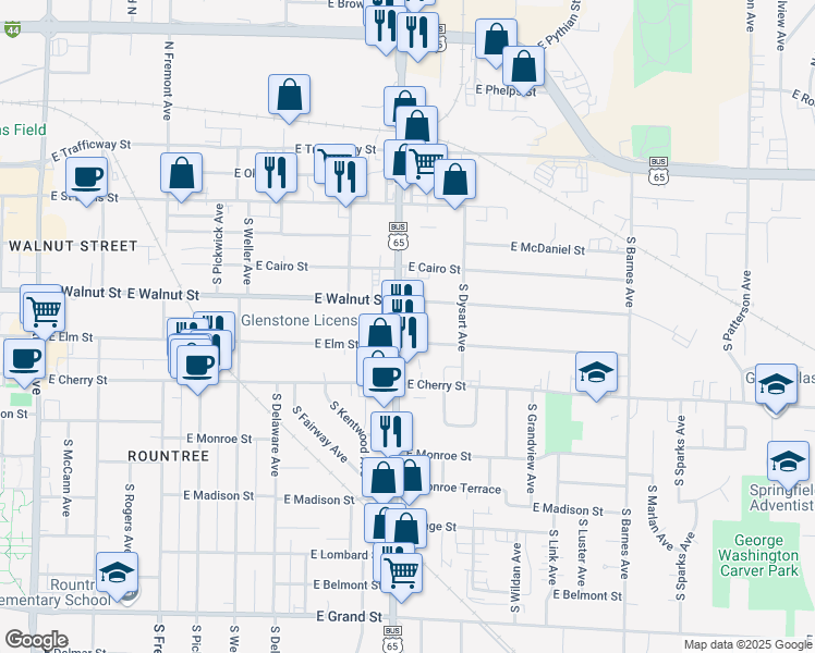 map of restaurants, bars, coffee shops, grocery stores, and more near 430 South Glenstone Avenue in Springfield