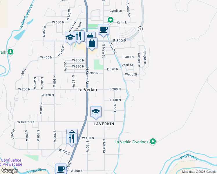 map of restaurants, bars, coffee shops, grocery stores, and more near 25 East 200 North in La Verkin