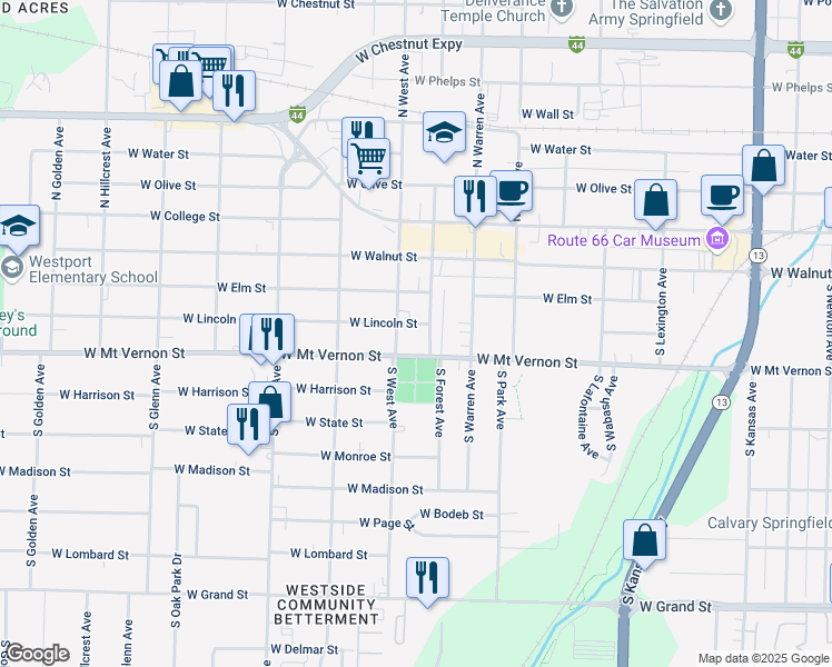 map of restaurants, bars, coffee shops, grocery stores, and more near 2407 West Lincoln Street in Springfield