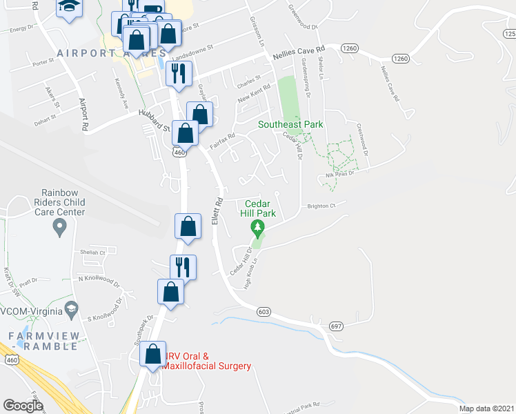 map of restaurants, bars, coffee shops, grocery stores, and more near 349 Old Cedarfield Drive in Blacksburg