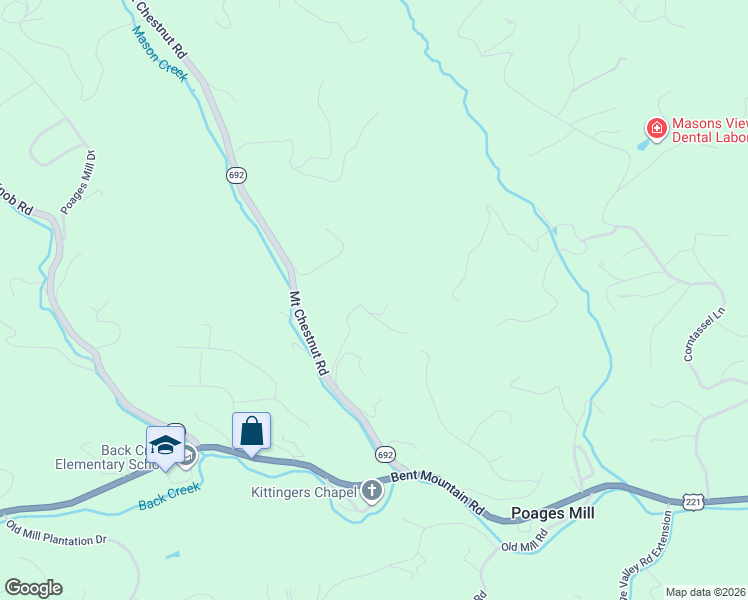 map of restaurants, bars, coffee shops, grocery stores, and more near 7570 Mount Chestnut Road in Roanoke