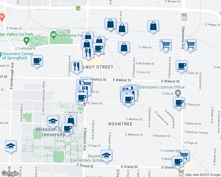 map of restaurants, bars, coffee shops, grocery stores, and more near 1314 East Walnut Street in Springfield