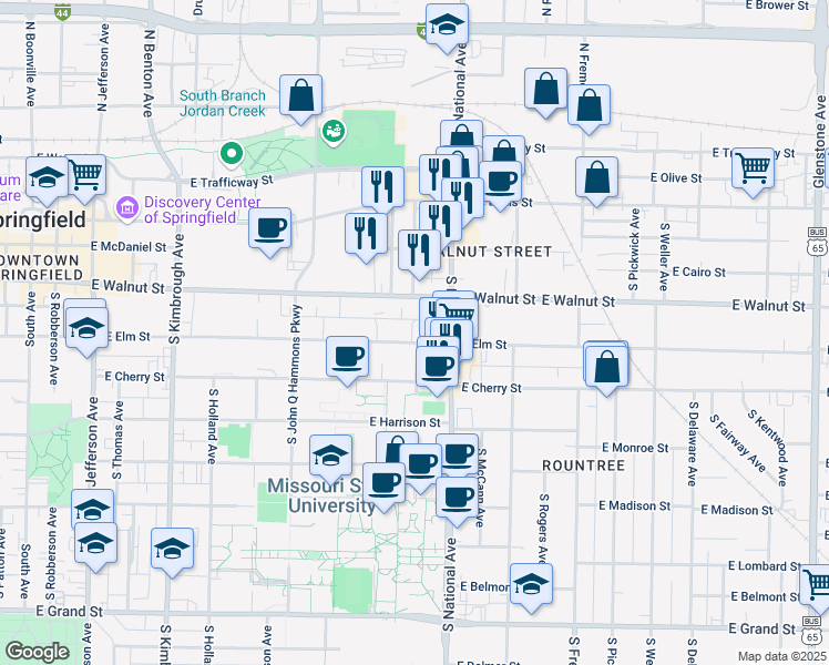 map of restaurants, bars, coffee shops, grocery stores, and more near 1122 East Walnut Street in Springfield