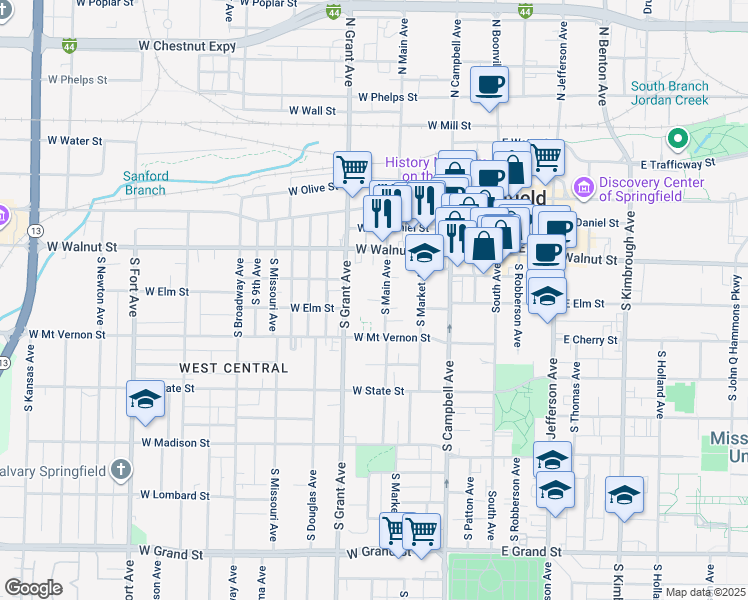 map of restaurants, bars, coffee shops, grocery stores, and more near 436 South Main Avenue in Springfield