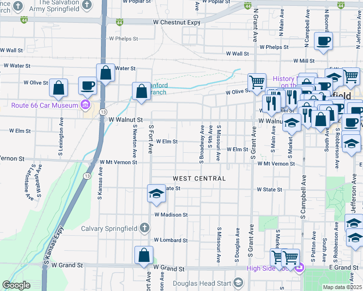 map of restaurants, bars, coffee shops, grocery stores, and more near 440 South New Avenue in Springfield