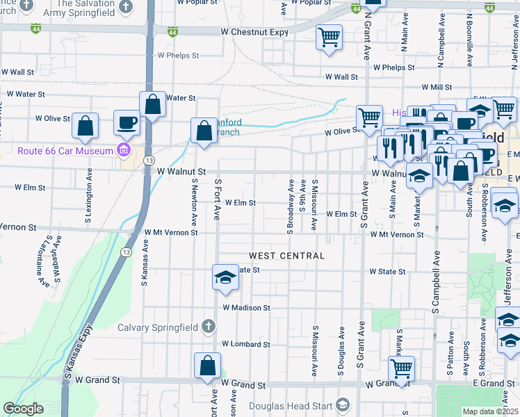 map of restaurants, bars, coffee shops, grocery stores, and more near 441 South New Avenue in Springfield