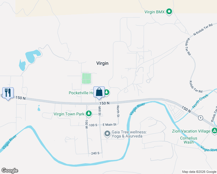 map of restaurants, bars, coffee shops, grocery stores, and more near 124 North Sierra Bella in Virgin