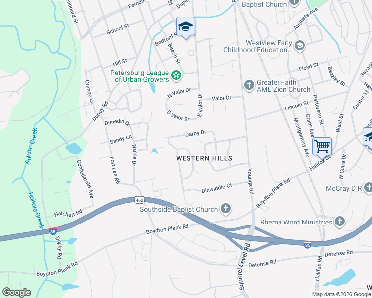 map of restaurants, bars, coffee shops, grocery stores, and more near 1517 Circle Drive in Petersburg